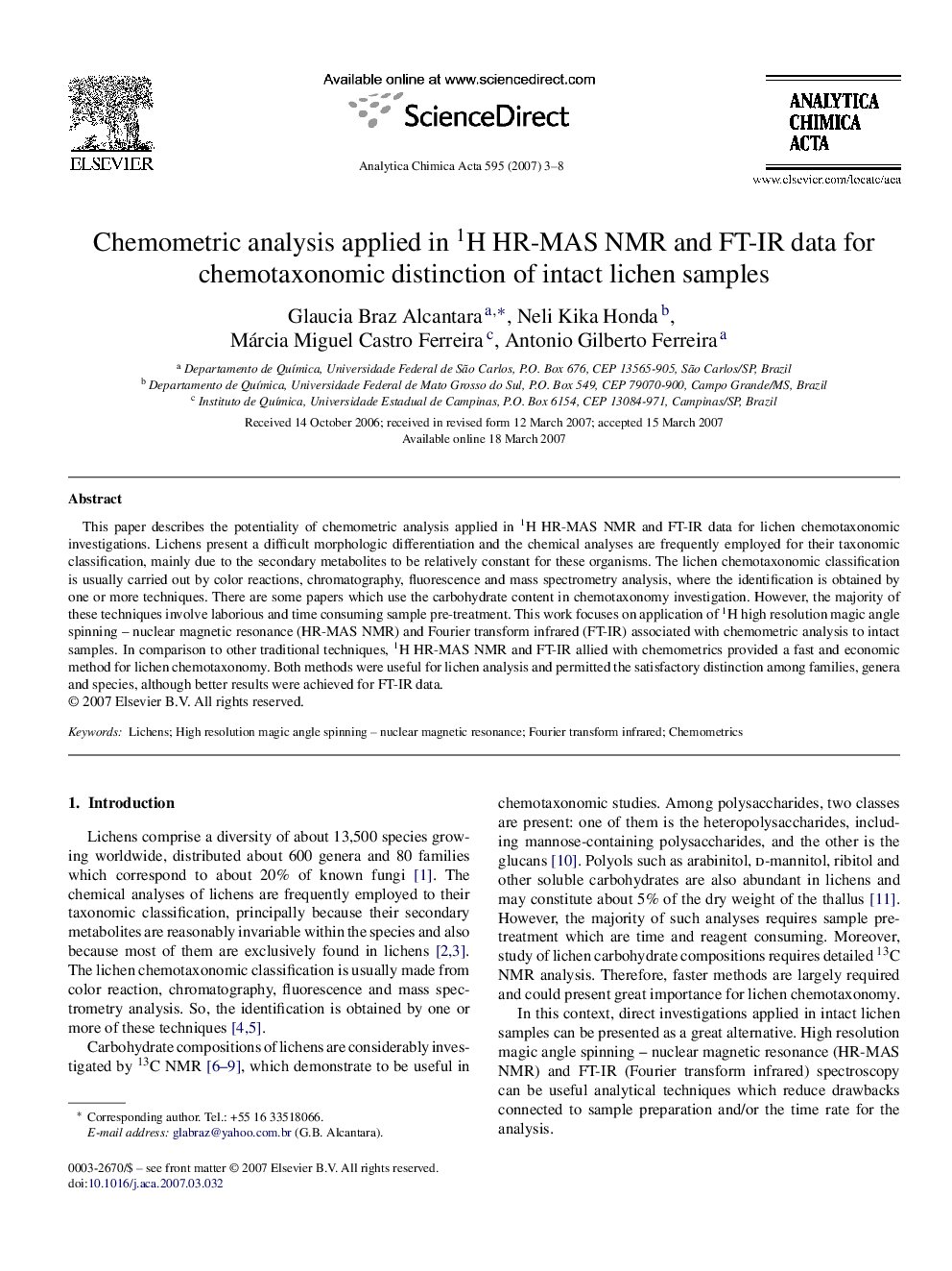 Chemometric analysis applied in 1H HR-MAS NMR and FT-IR data for chemotaxonomic distinction of intact lichen samples