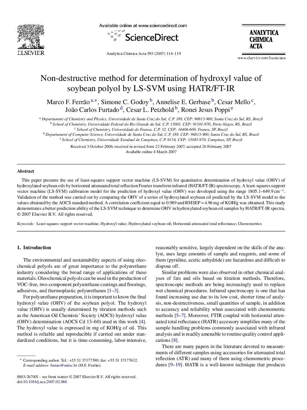 Non-destructive method for determination of hydroxyl value of soybean polyol by LS-SVM using HATR/FT-IR