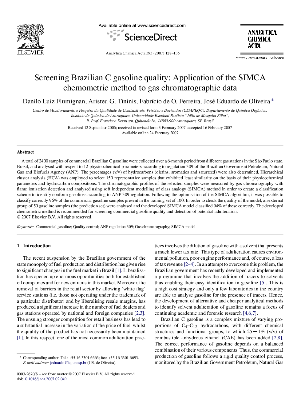 Screening Brazilian C gasoline quality: Application of the SIMCA chemometric method to gas chromatographic data