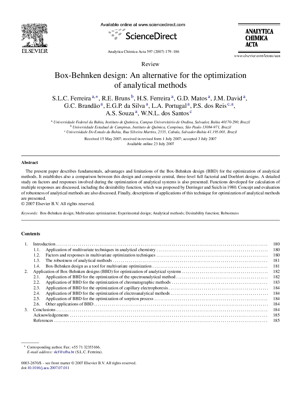 Box-Behnken design: An alternative for the optimization of analytical methods