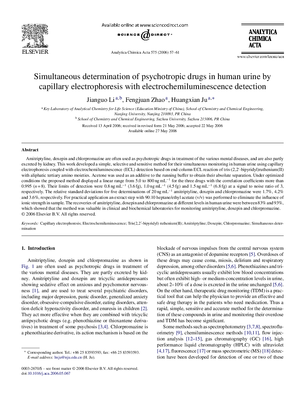 Simultaneous determination of psychotropic drugs in human urine by capillary electrophoresis with electrochemiluminescence detection