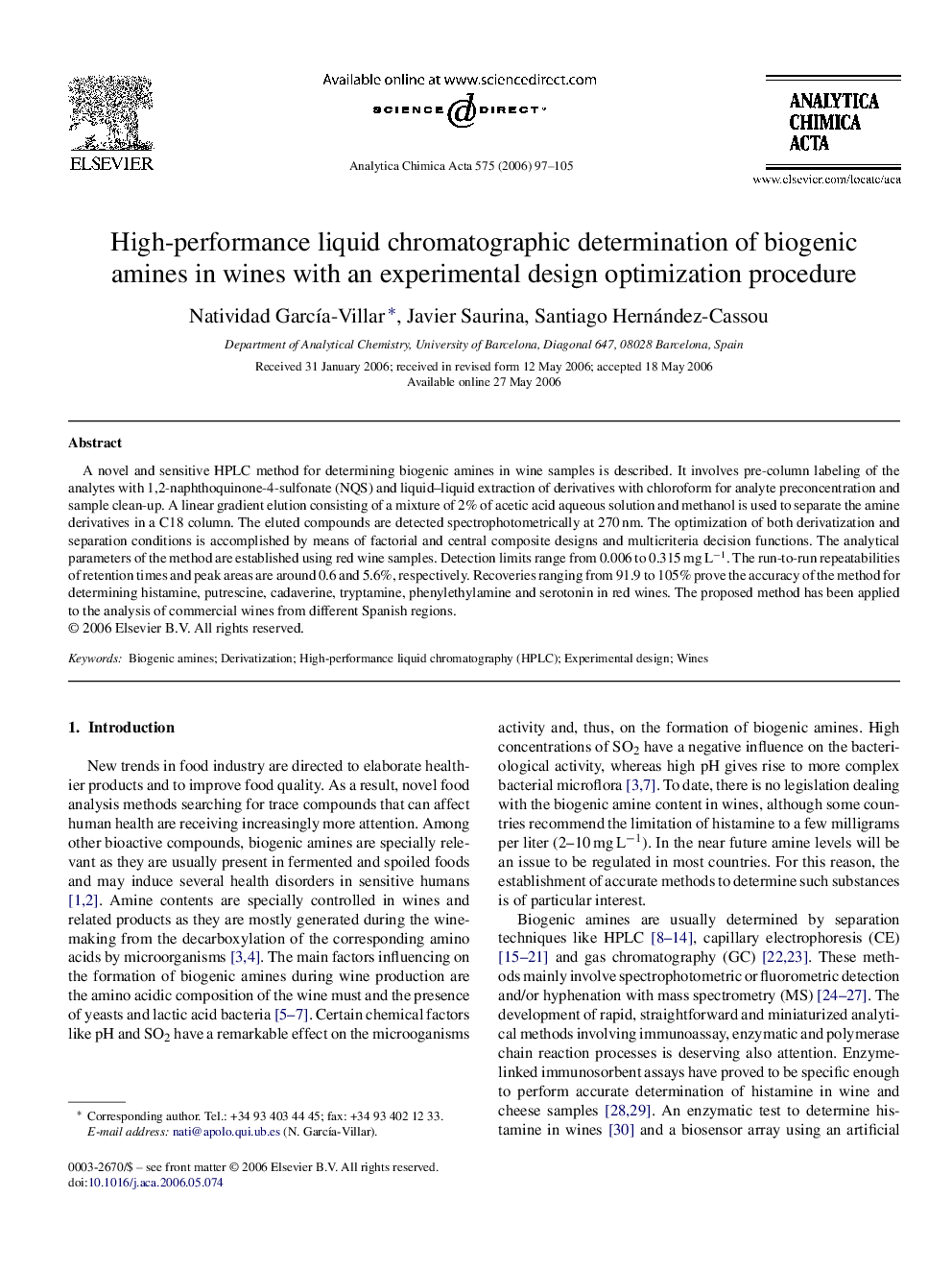 High-performance liquid chromatographic determination of biogenic amines in wines with an experimental design optimization procedure