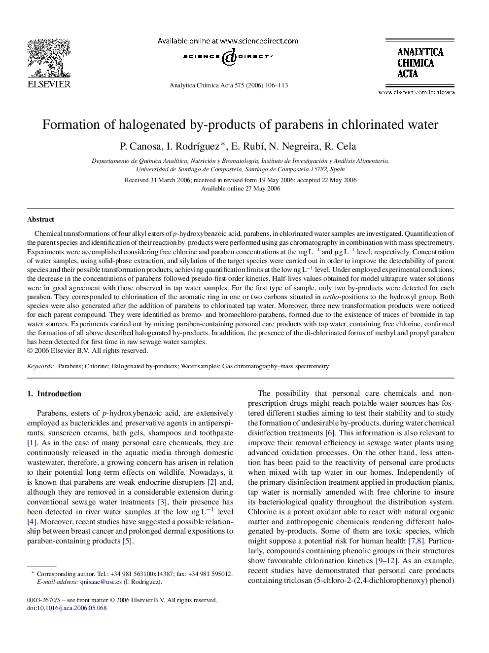 Formation of halogenated by-products of parabens in chlorinated water