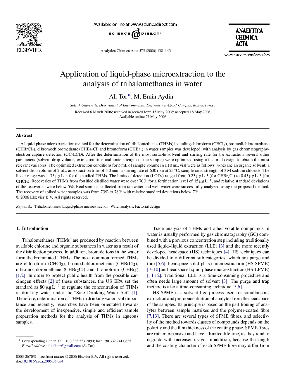 Application of liquid-phase microextraction to the analysis of trihalomethanes in water