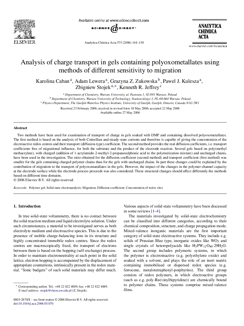 Analysis of charge transport in gels containing polyoxometallates using methods of different sensitivity to migration