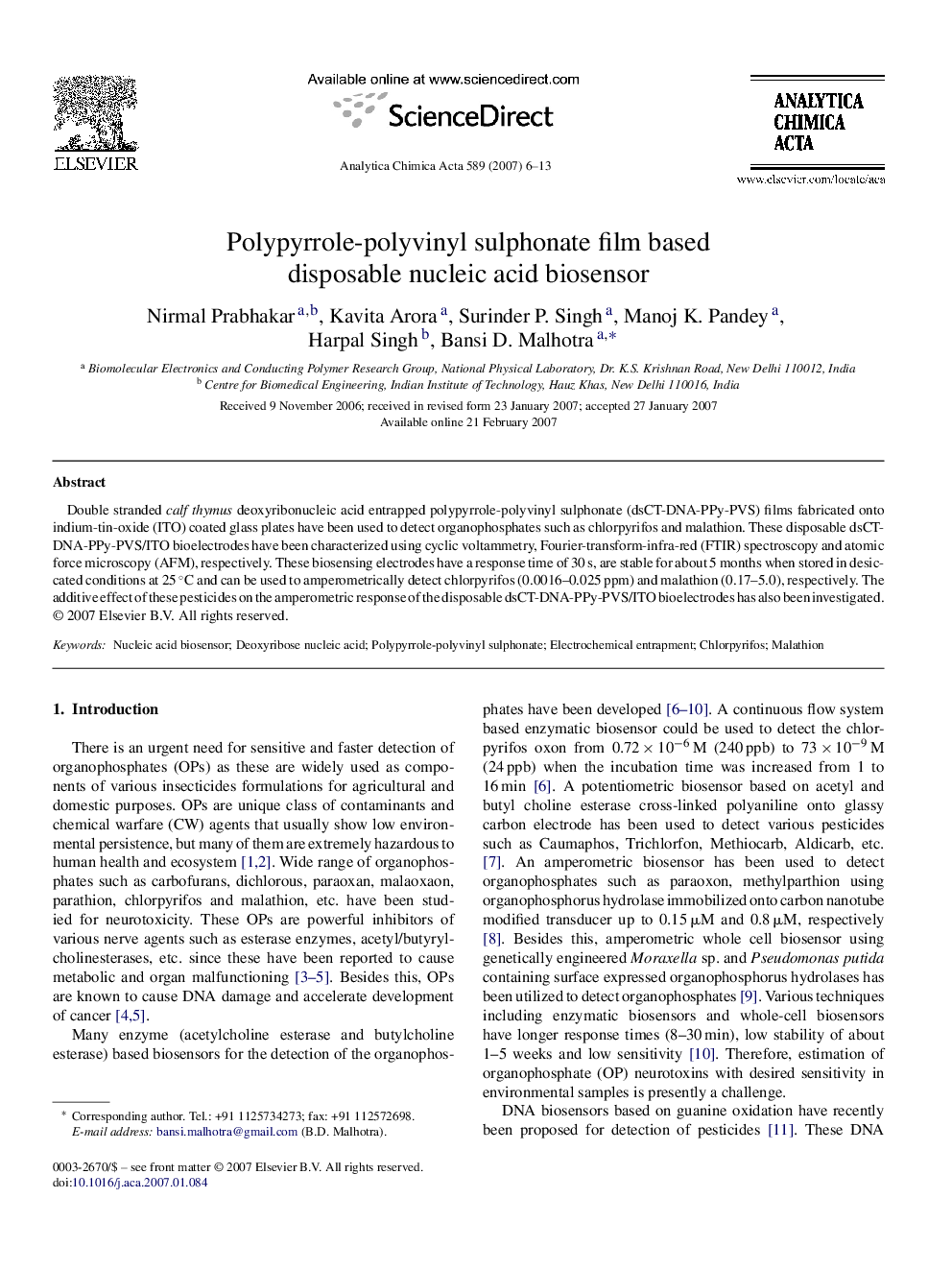 Polypyrrole-polyvinyl sulphonate film based disposable nucleic acid biosensor