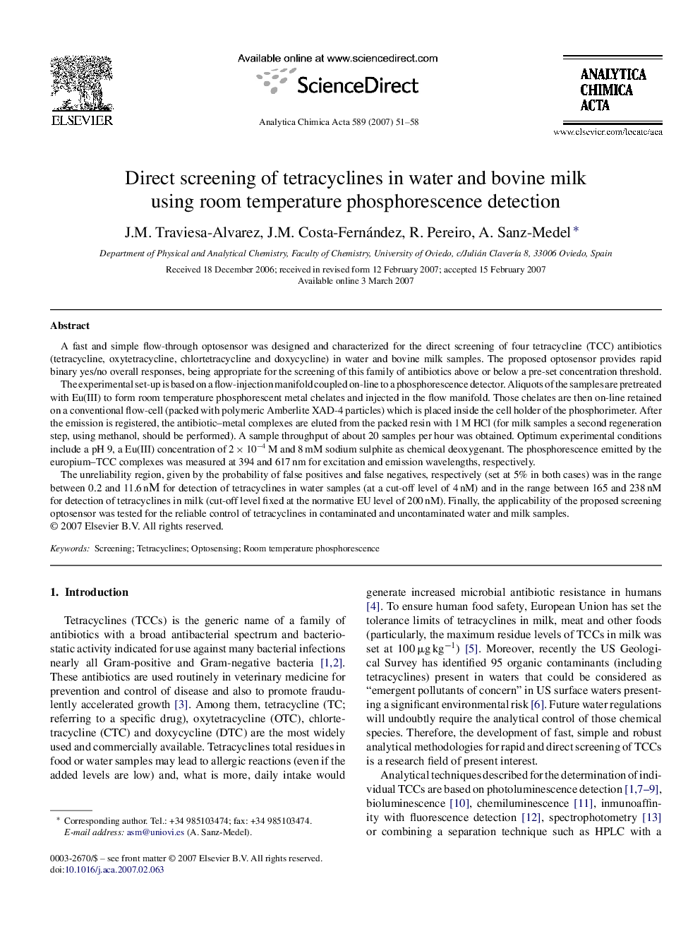 Direct screening of tetracyclines in water and bovine milk using room temperature phosphorescence detection