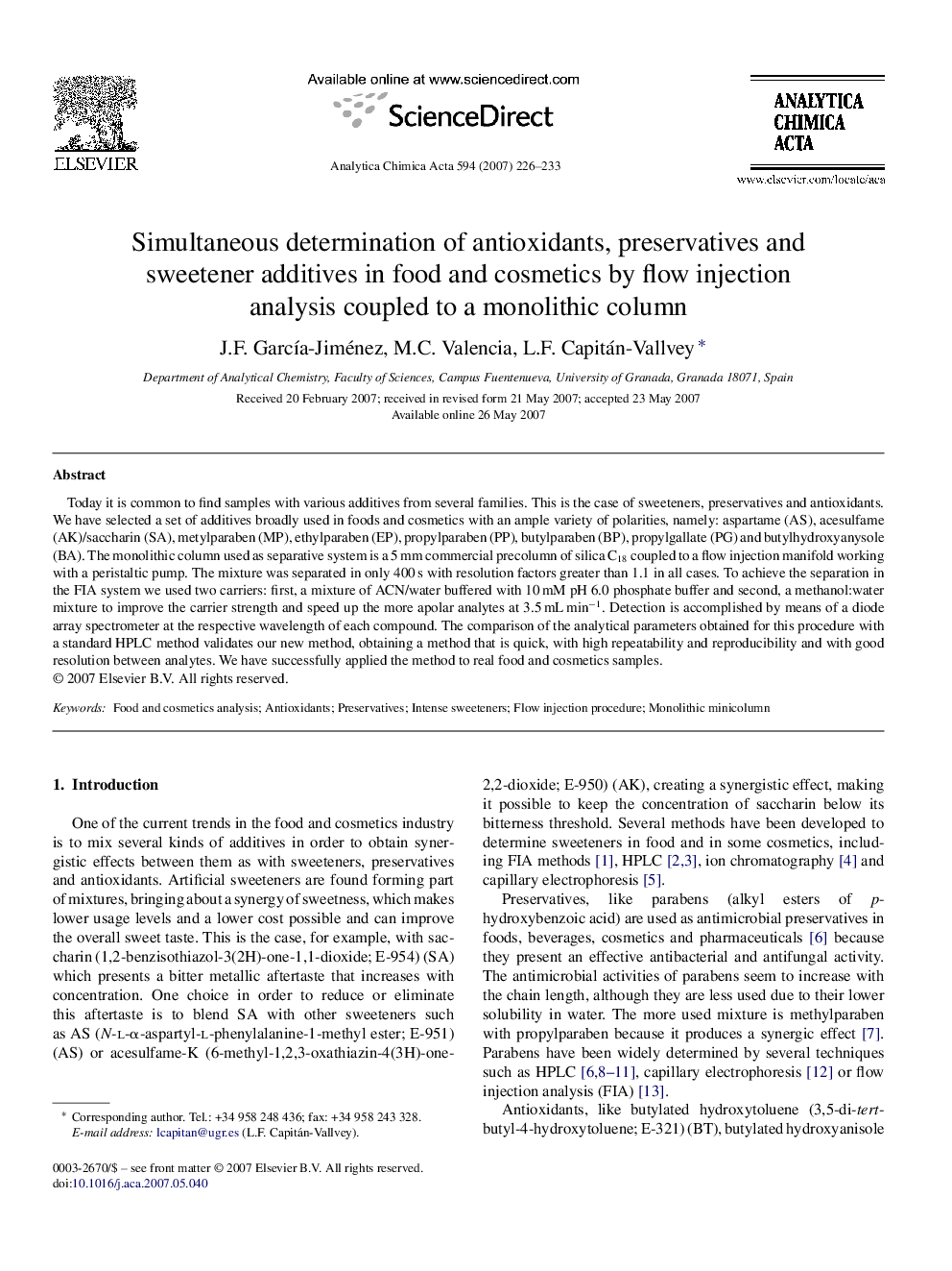 Simultaneous determination of antioxidants, preservatives and sweetener additives in food and cosmetics by flow injection analysis coupled to a monolithic column