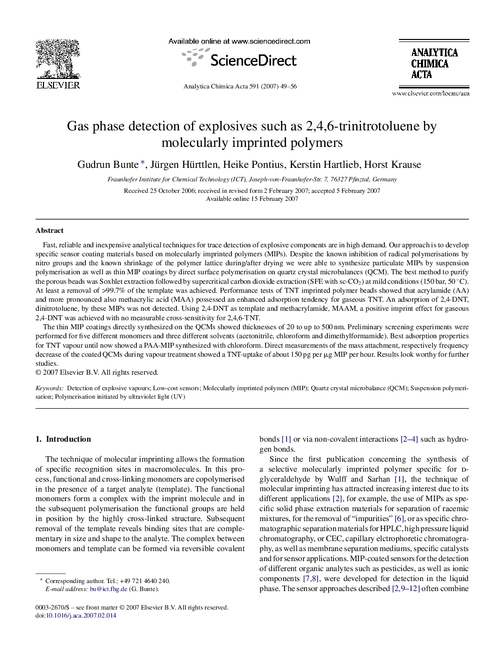 Gas phase detection of explosives such as 2,4,6-trinitrotoluene by molecularly imprinted polymers