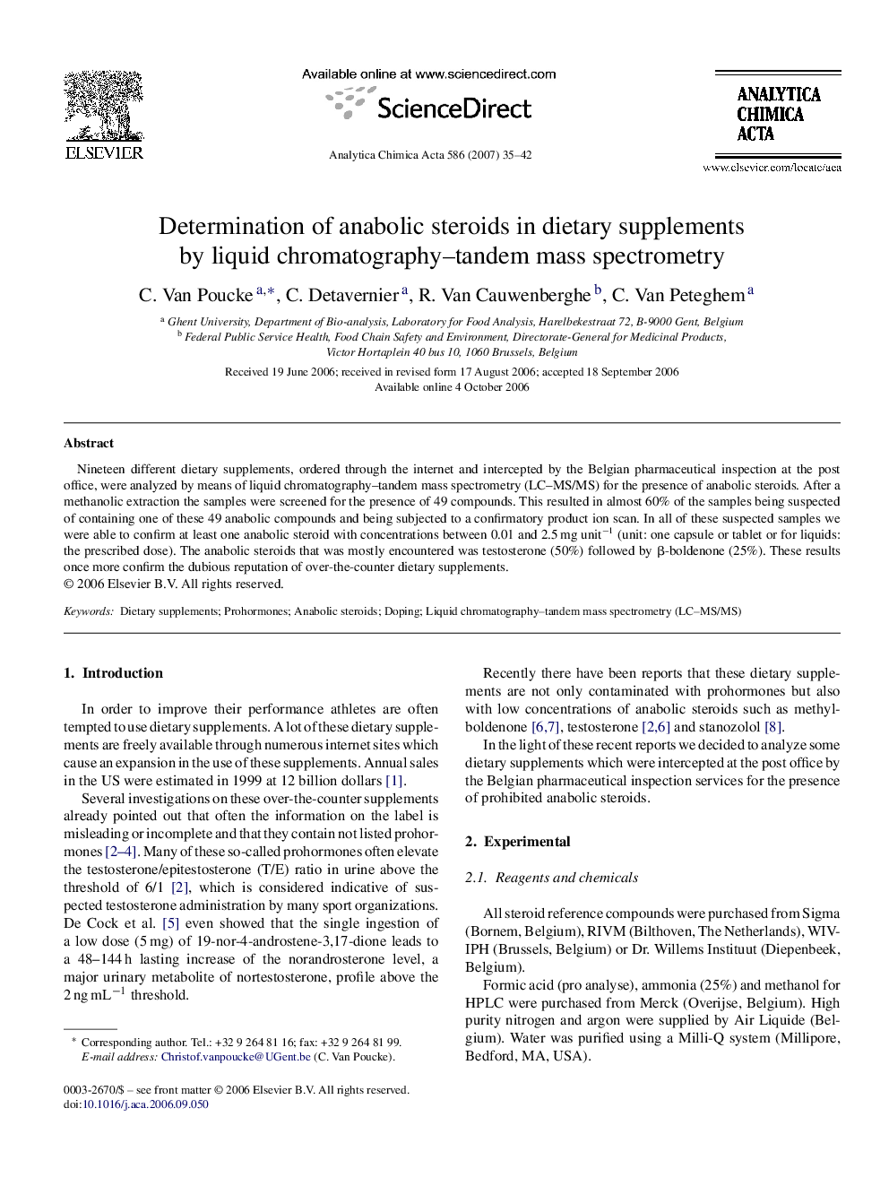 Determination of anabolic steroids in dietary supplements by liquid chromatography–tandem mass spectrometry