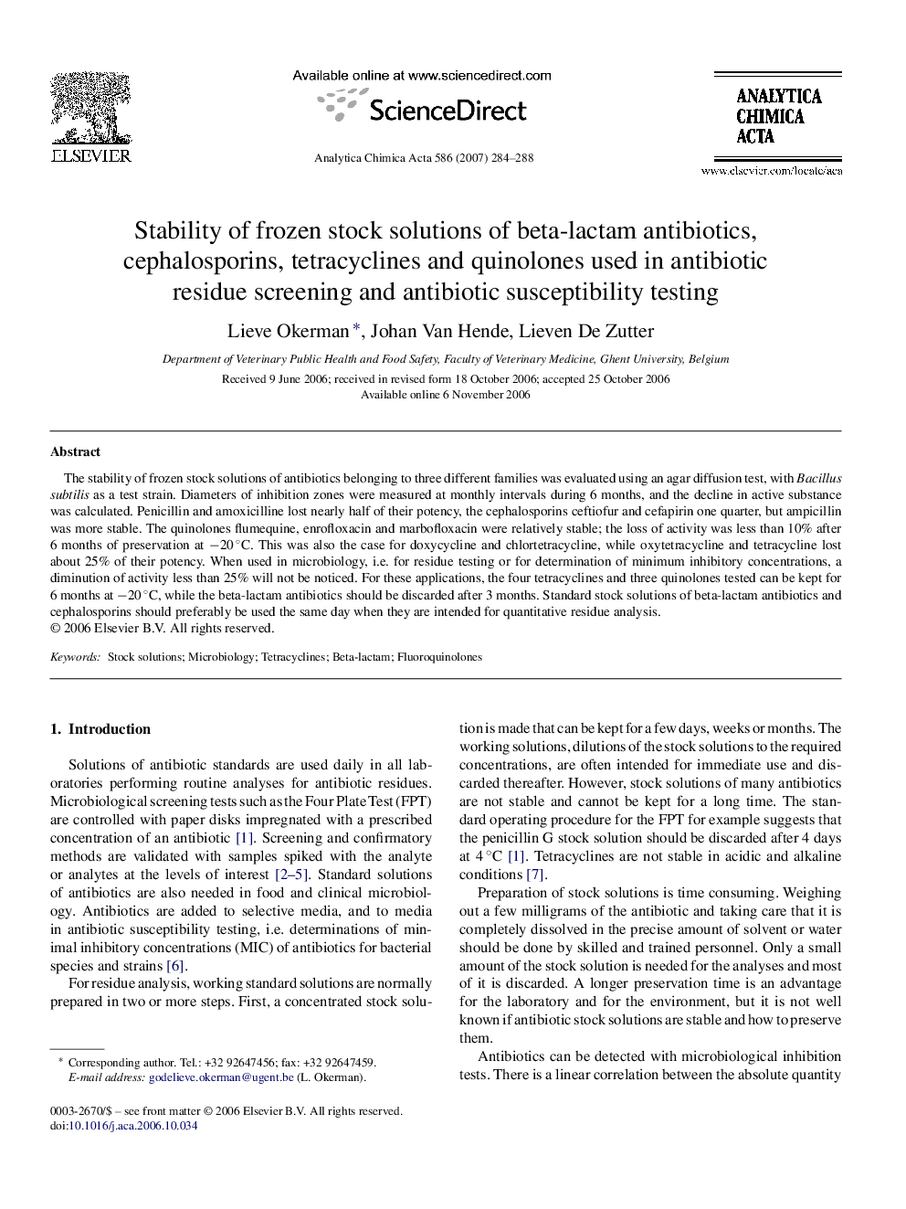 Stability of frozen stock solutions of beta-lactam antibiotics, cephalosporins, tetracyclines and quinolones used in antibiotic residue screening and antibiotic susceptibility testing