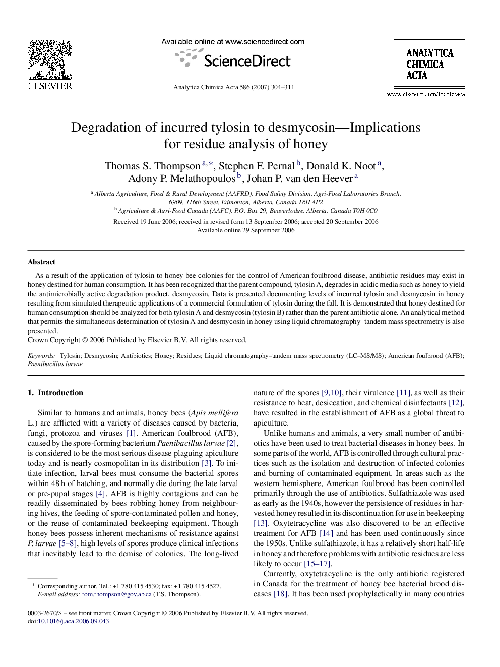 Degradation of incurred tylosin to desmycosin—Implications for residue analysis of honey