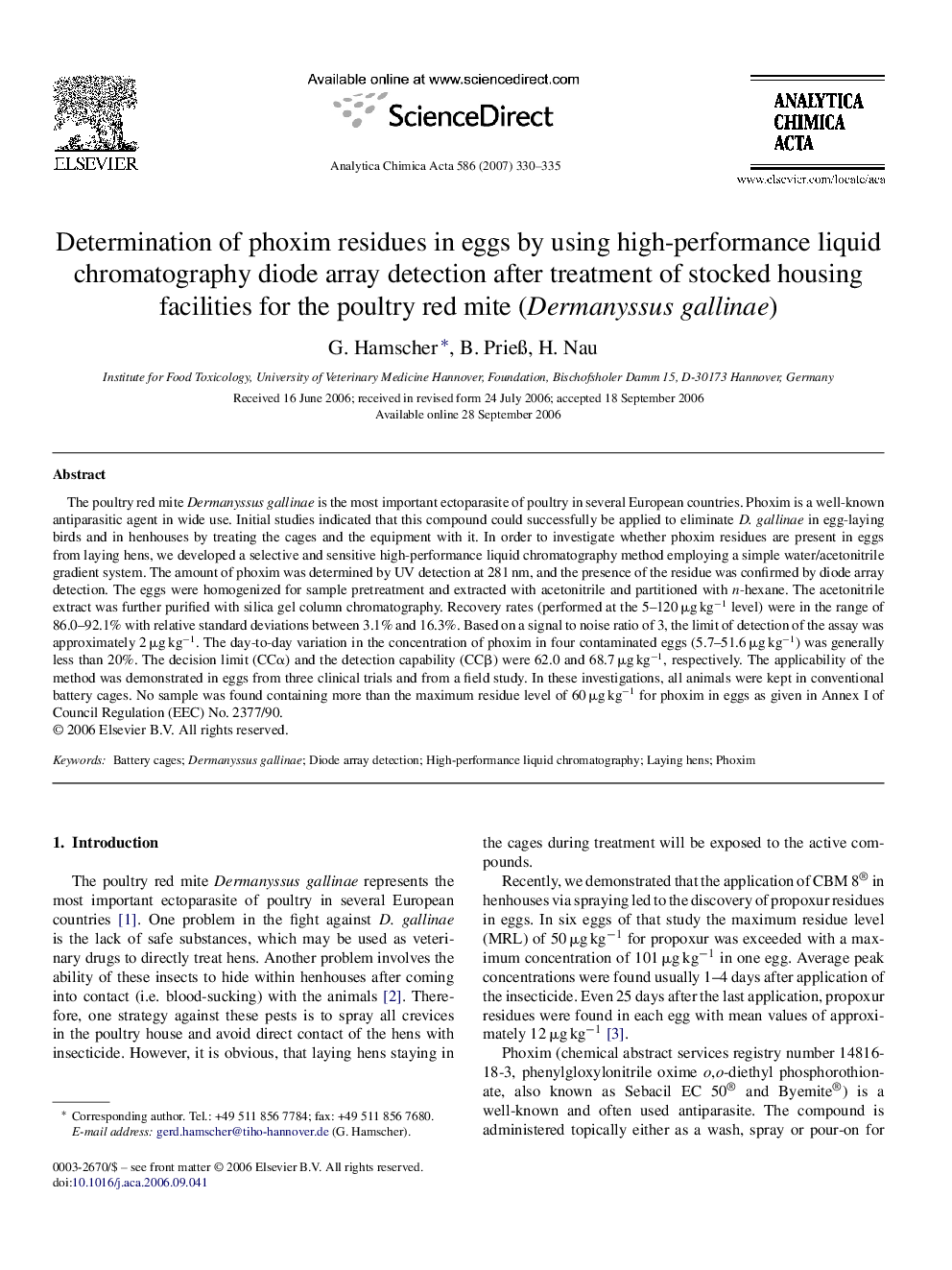 Determination of phoxim residues in eggs by using high-performance liquid chromatography diode array detection after treatment of stocked housing facilities for the poultry red mite (Dermanyssus gallinae)