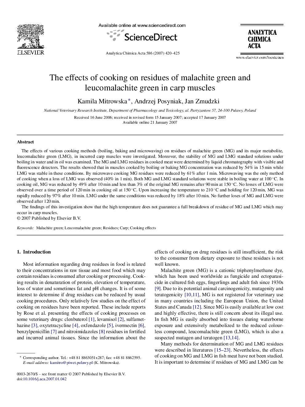 The effects of cooking on residues of malachite green and leucomalachite green in carp muscles