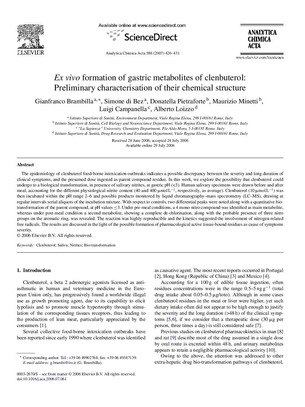 Ex vivo formation of gastric metabolites of clenbuterol: Preliminary characterisation of their chemical structure