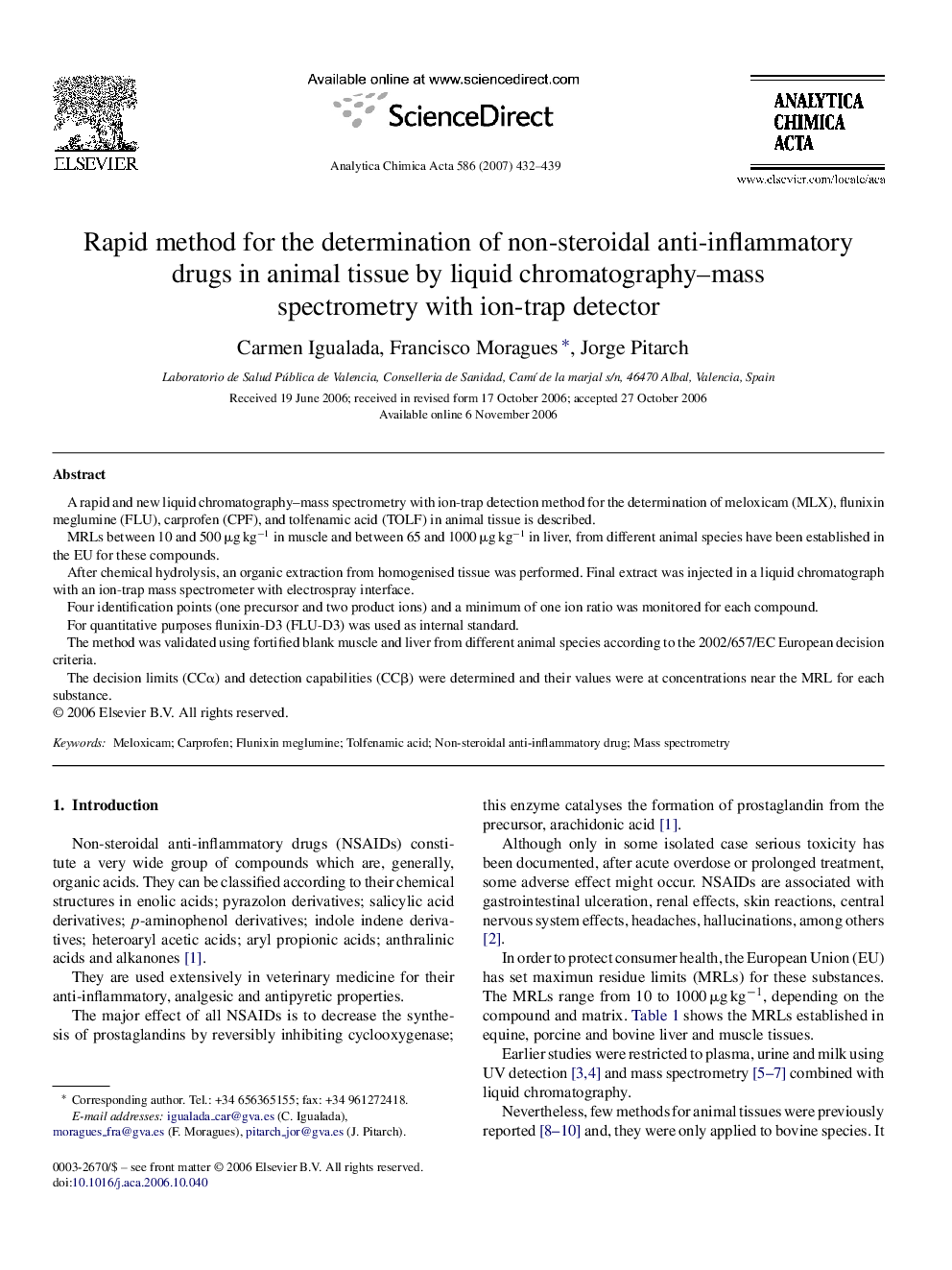 Rapid method for the determination of non-steroidal anti-inflammatory drugs in animal tissue by liquid chromatography–mass spectrometry with ion-trap detector