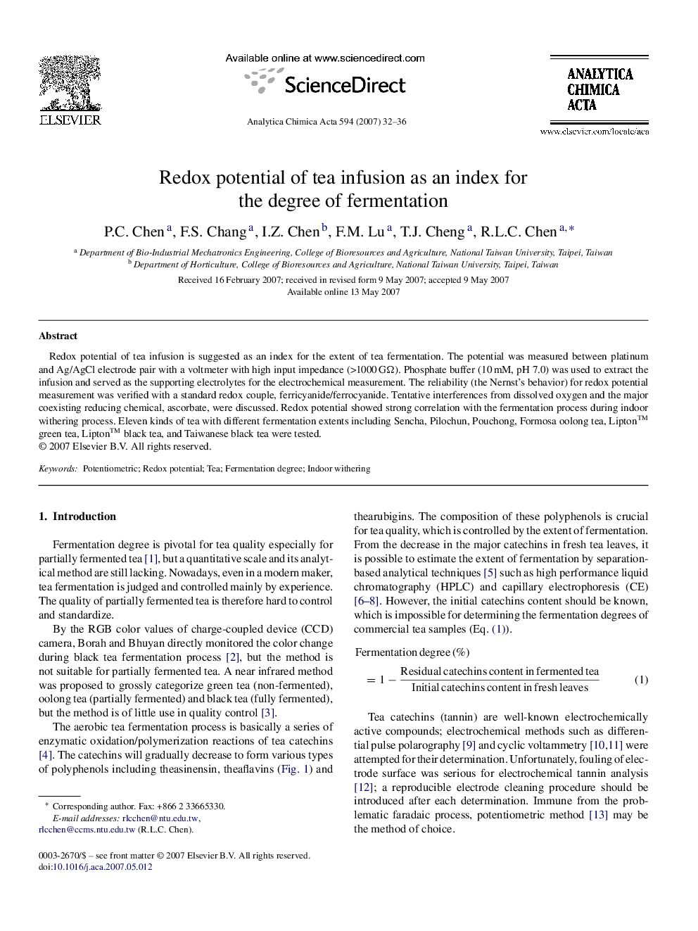 Redox potential of tea infusion as an index for the degree of fermentation