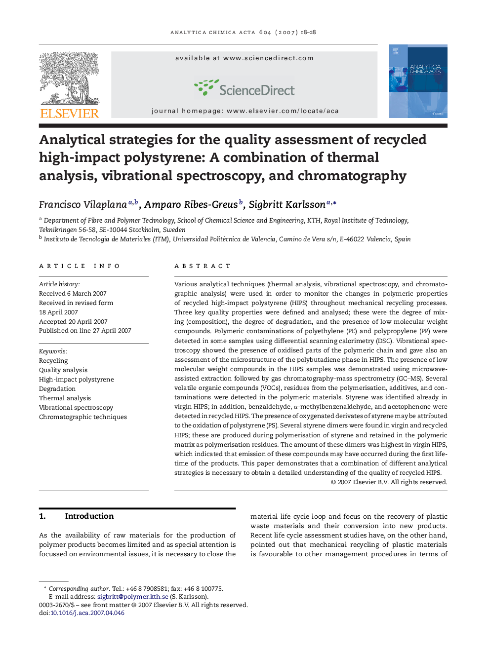 Analytical strategies for the quality assessment of recycled high-impact polystyrene: A combination of thermal analysis, vibrational spectroscopy, and chromatography