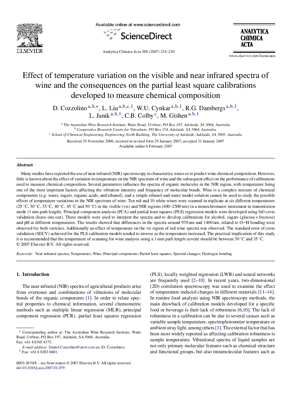 Effect of temperature variation on the visible and near infrared spectra of wine and the consequences on the partial least square calibrations developed to measure chemical composition