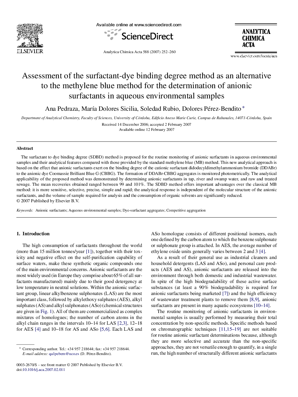 Assessment of the surfactant-dye binding degree method as an alternative to the methylene blue method for the determination of anionic surfactants in aqueous environmental samples