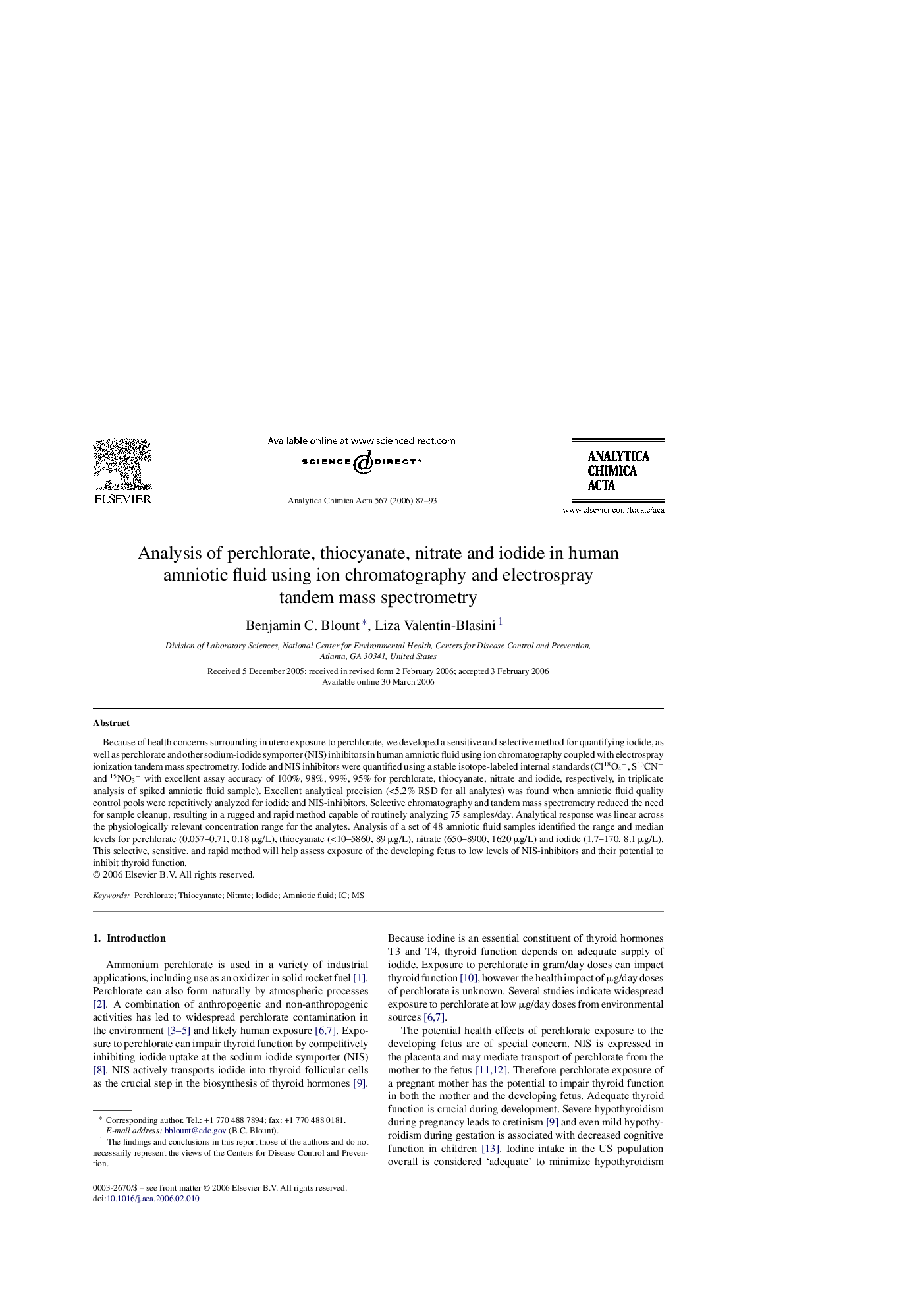 Analysis of perchlorate, thiocyanate, nitrate and iodide in human amniotic fluid using ion chromatography and electrospray tandem mass spectrometry