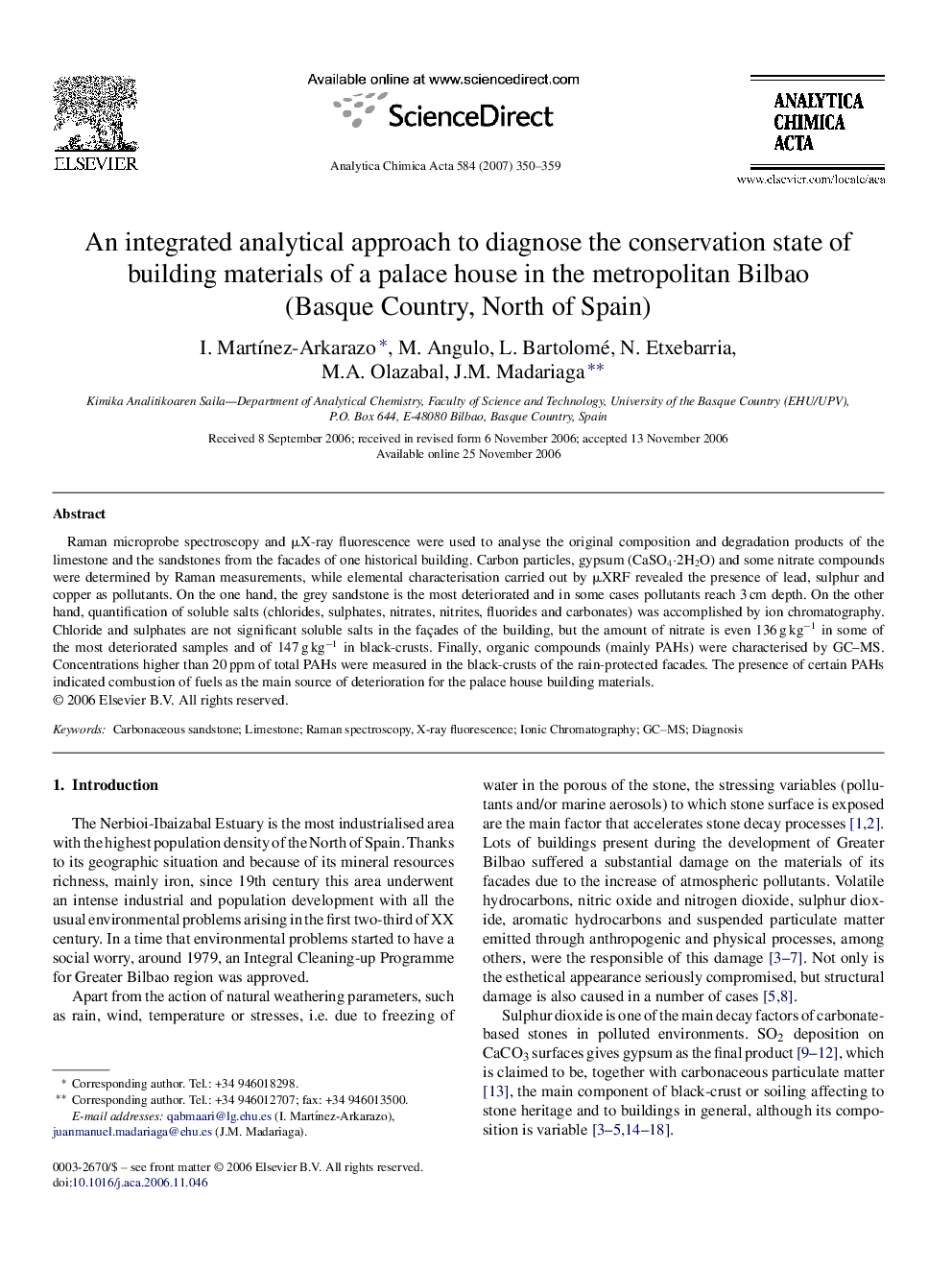 An integrated analytical approach to diagnose the conservation state of building materials of a palace house in the metropolitan Bilbao (Basque Country, North of Spain)