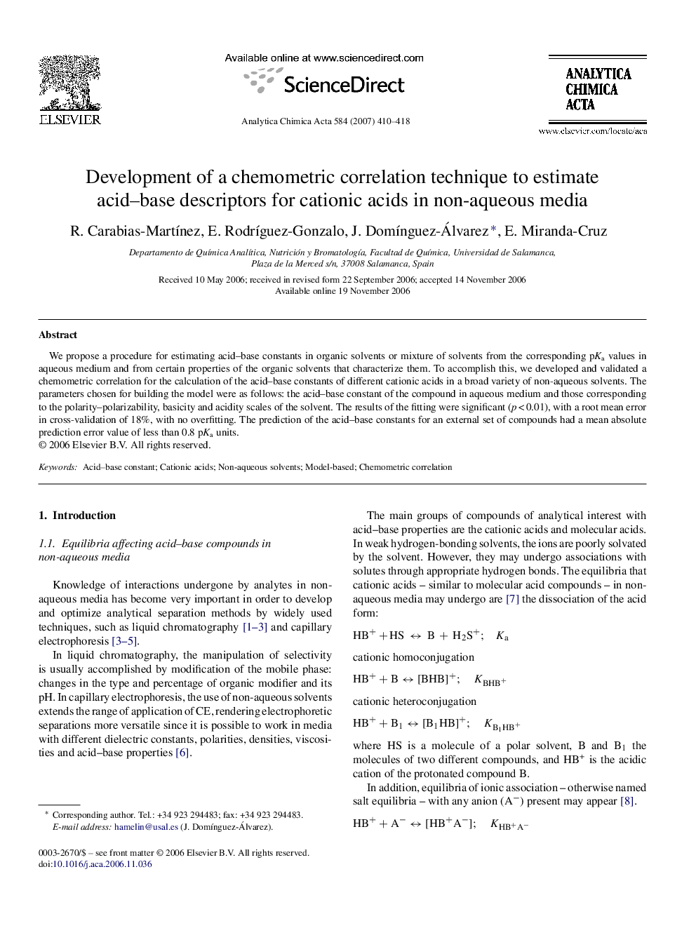 Development of a chemometric correlation technique to estimate acid–base descriptors for cationic acids in non-aqueous media