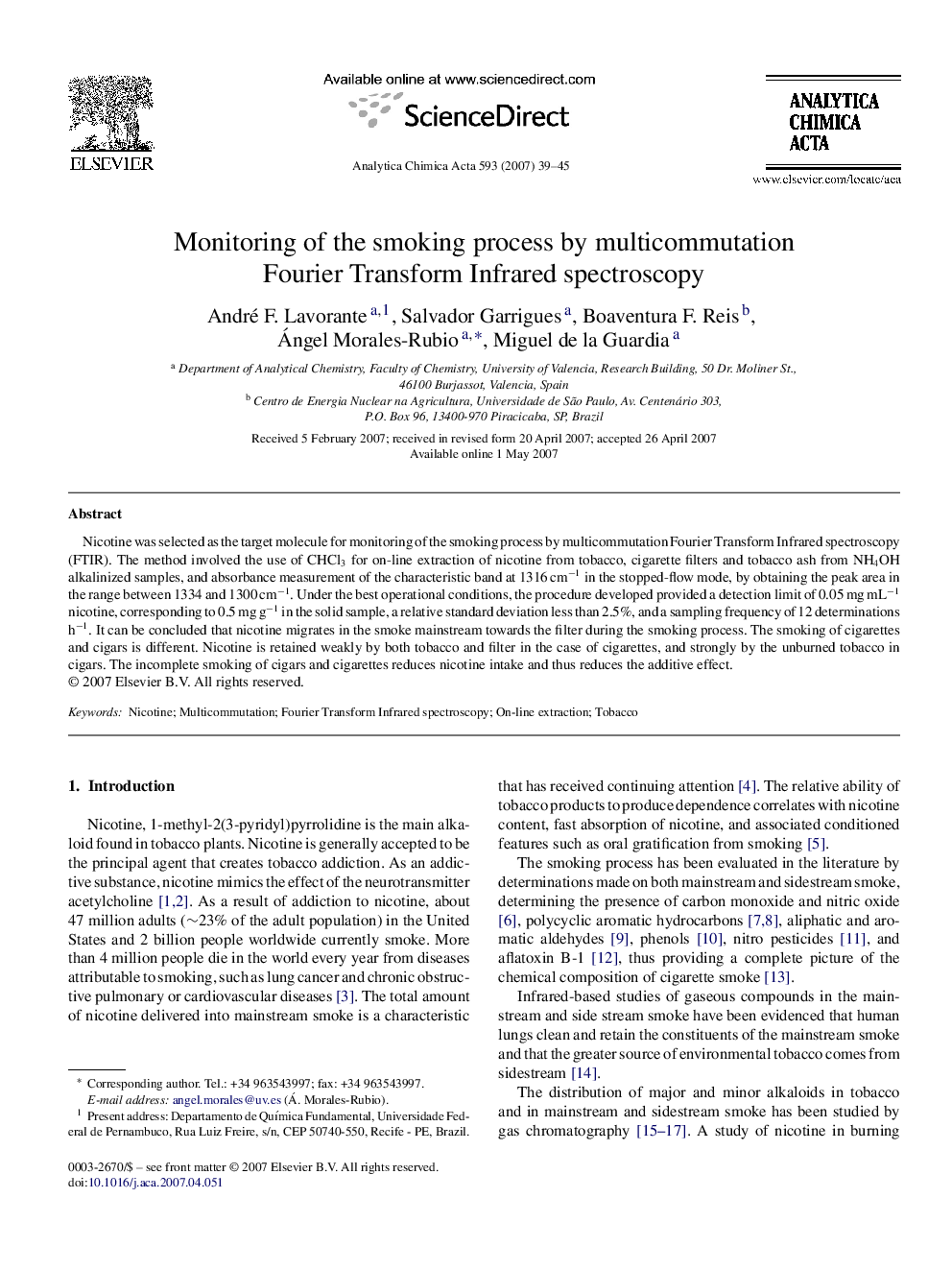 Monitoring of the smoking process by multicommutation Fourier Transform Infrared spectroscopy