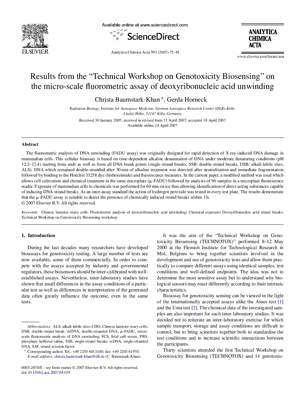 Results from the “Technical Workshop on Genotoxicity Biosensing” on the micro-scale fluorometric assay of deoxyribonucleic acid unwinding