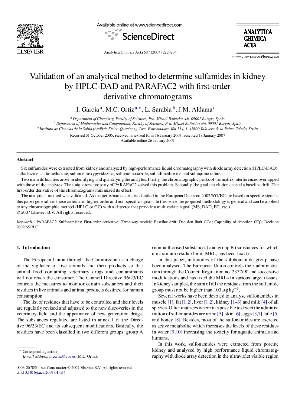 Validation of an analytical method to determine sulfamides in kidney by HPLC-DAD and PARAFAC2 with first-order derivative chromatograms