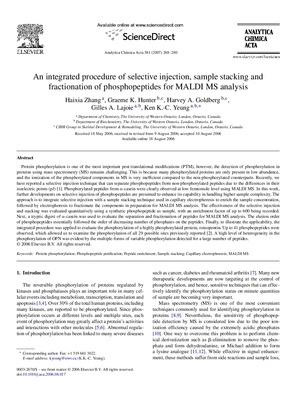 An integrated procedure of selective injection, sample stacking and fractionation of phosphopeptides for MALDI MS analysis