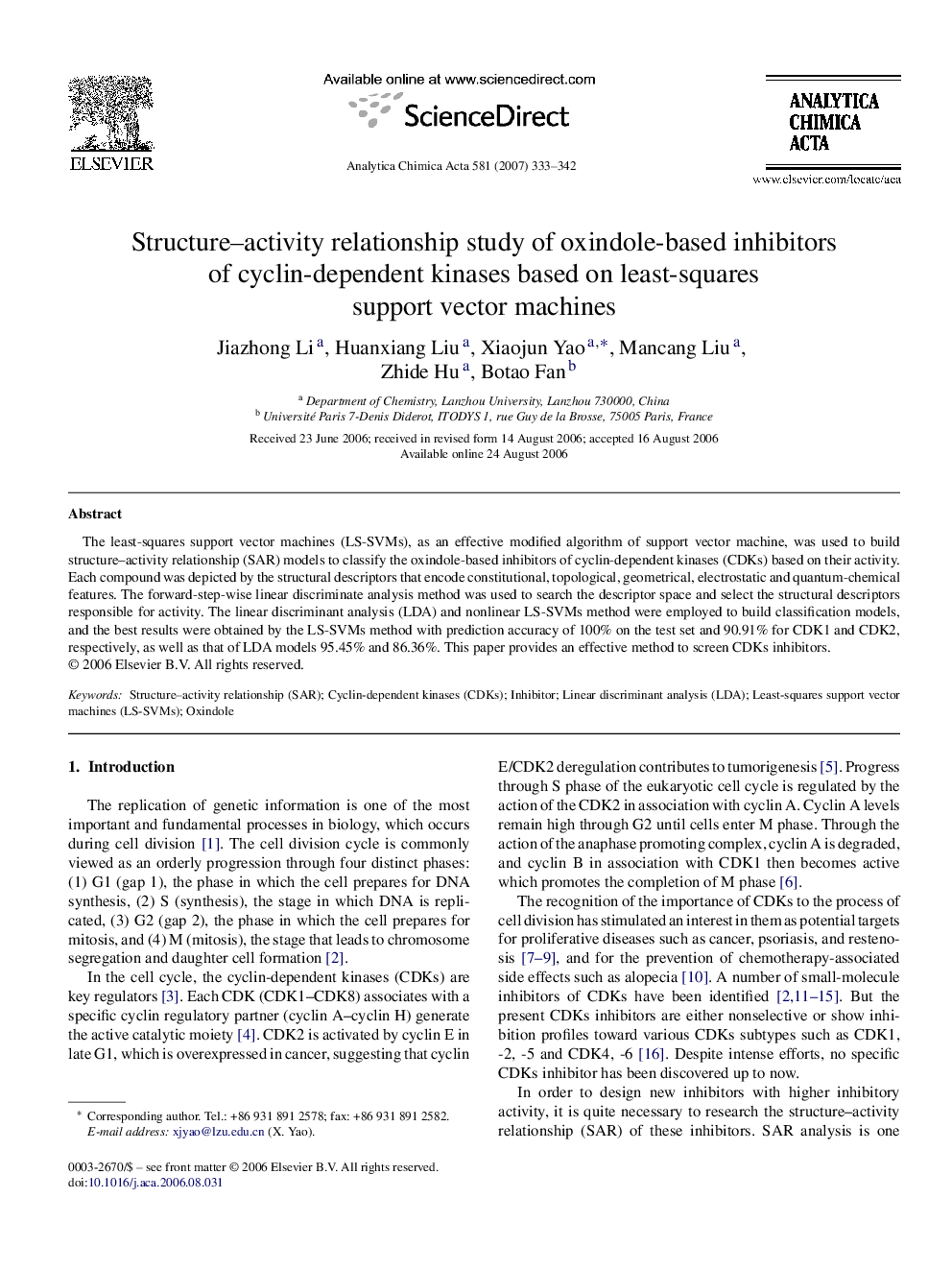 Structure–activity relationship study of oxindole-based inhibitors of cyclin-dependent kinases based on least-squares support vector machines