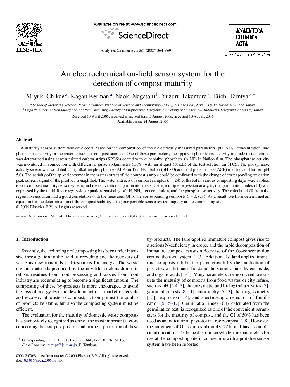 An electrochemical on-field sensor system for the detection of compost maturity