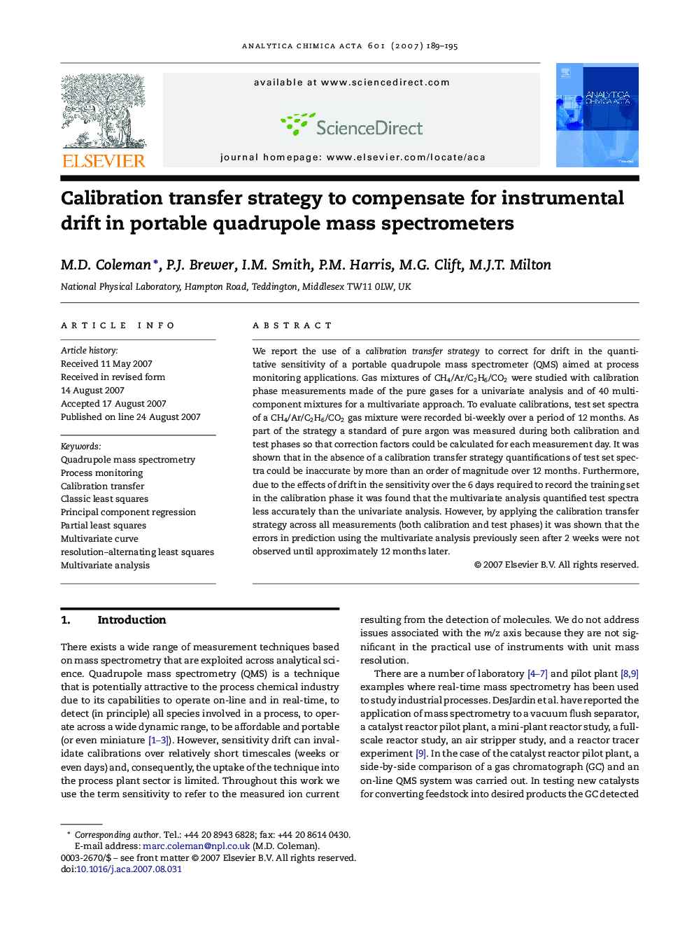 Calibration transfer strategy to compensate for instrumental drift in portable quadrupole mass spectrometers