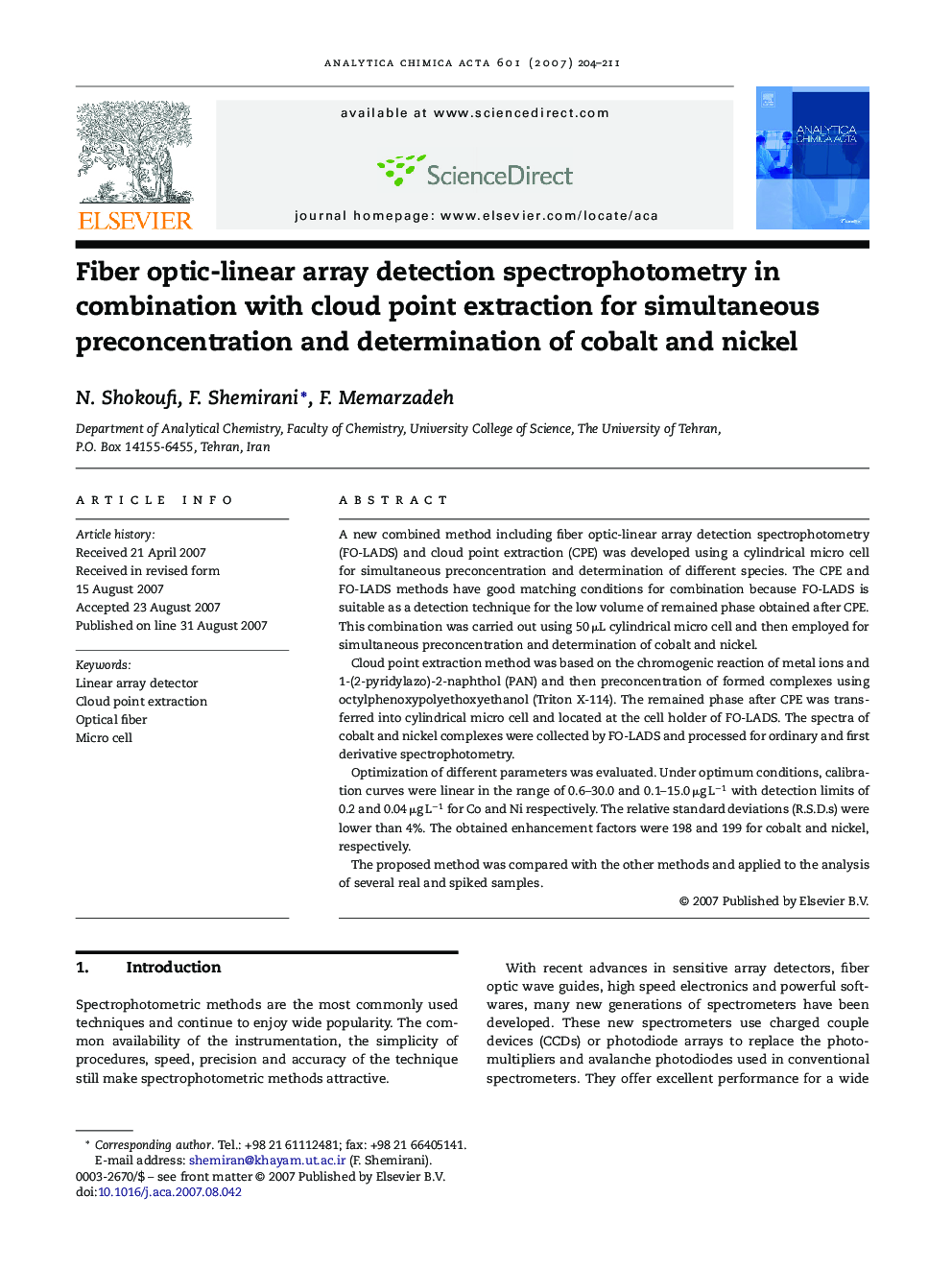 Fiber optic-linear array detection spectrophotometry in combination with cloud point extraction for simultaneous preconcentration and determination of cobalt and nickel