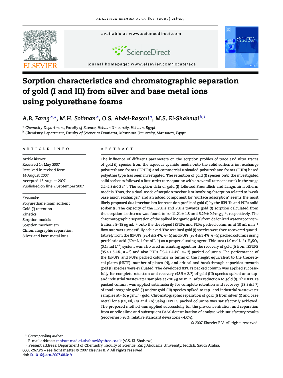 Sorption characteristics and chromatographic separation of gold (I and III) from silver and base metal ions using polyurethane foams