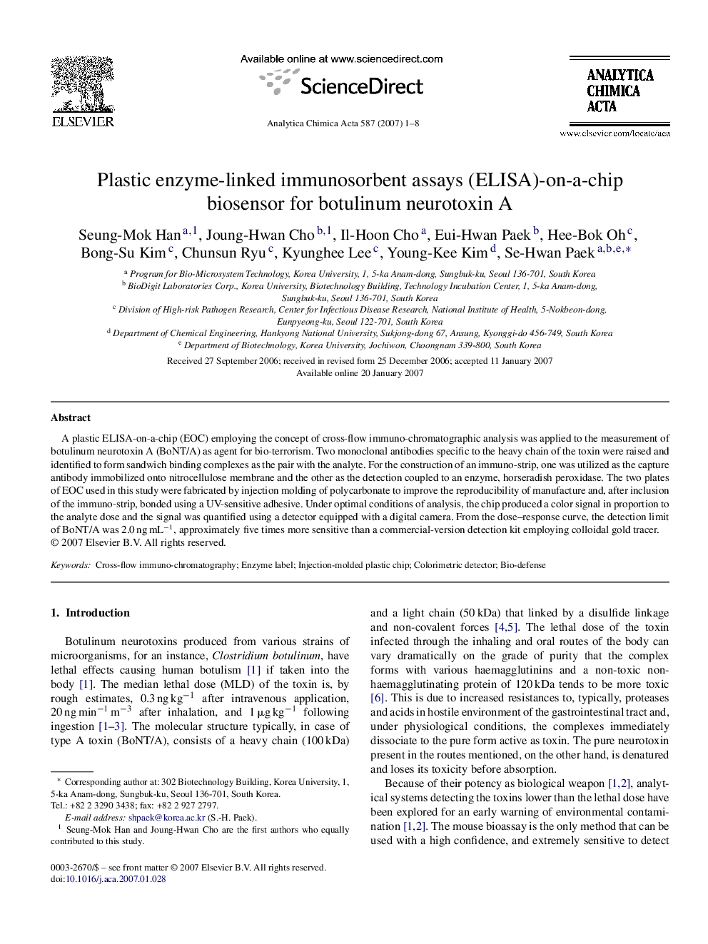 Plastic enzyme-linked immunosorbent assays (ELISA)-on-a-chip biosensor for botulinum neurotoxin A