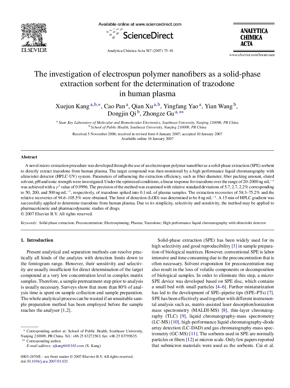 The investigation of electrospun polymer nanofibers as a solid-phase extraction sorbent for the determination of trazodone in human plasma