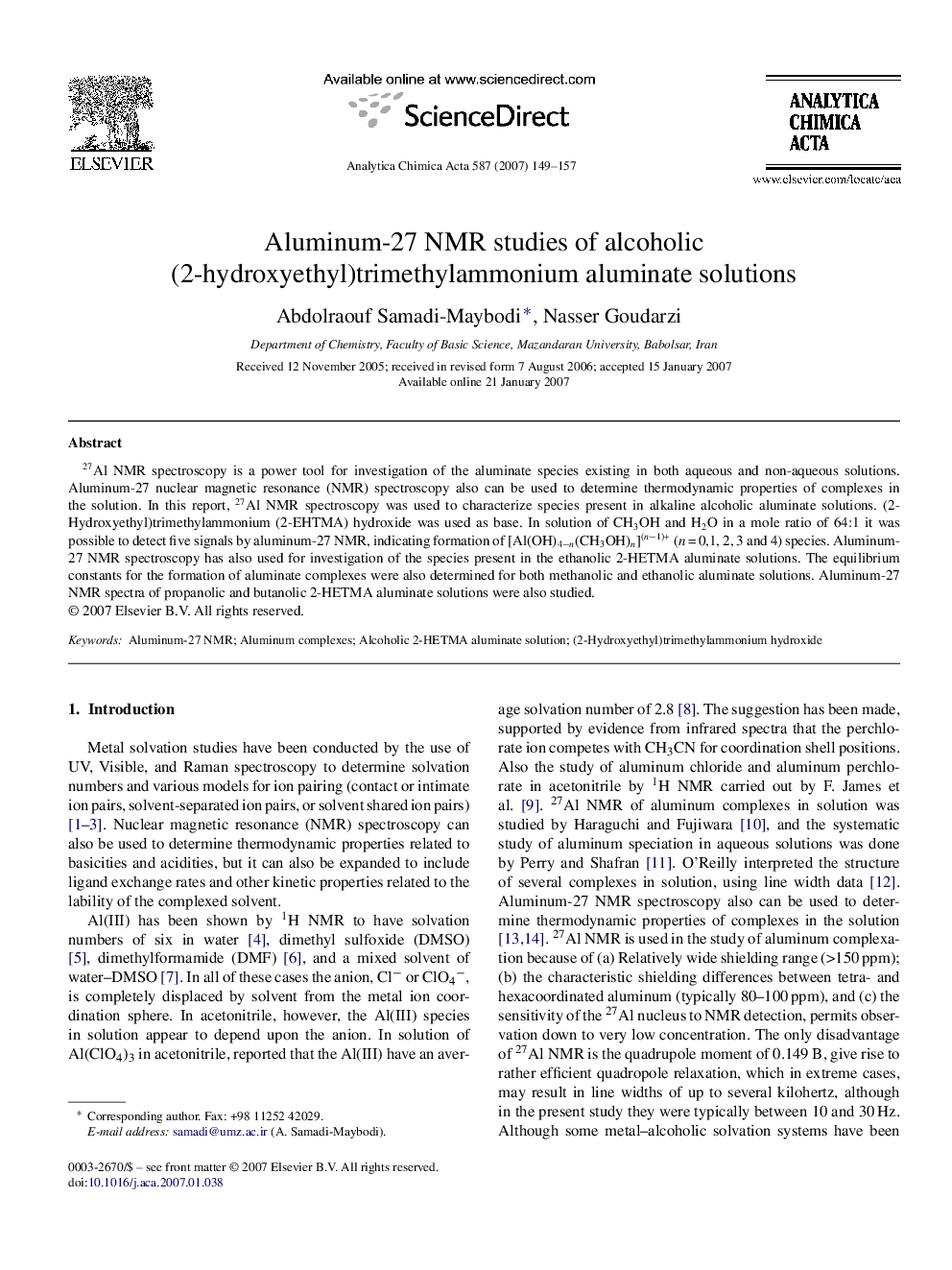 Aluminum-27 NMR studies of alcoholic (2-hydroxyethyl)trimethylammonium aluminate solutions