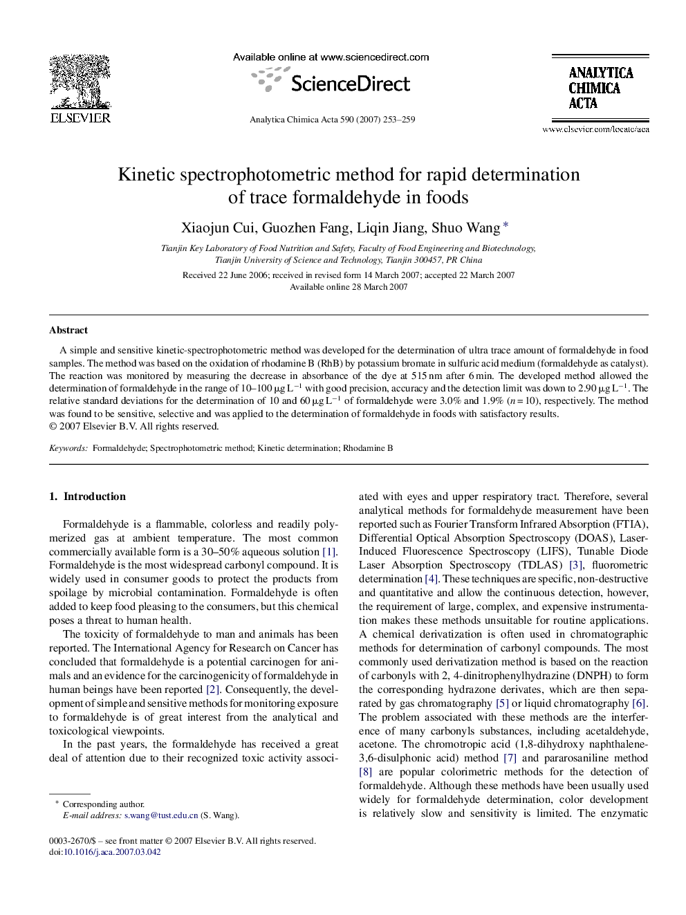 Kinetic spectrophotometric method for rapid determination of trace formaldehyde in foods