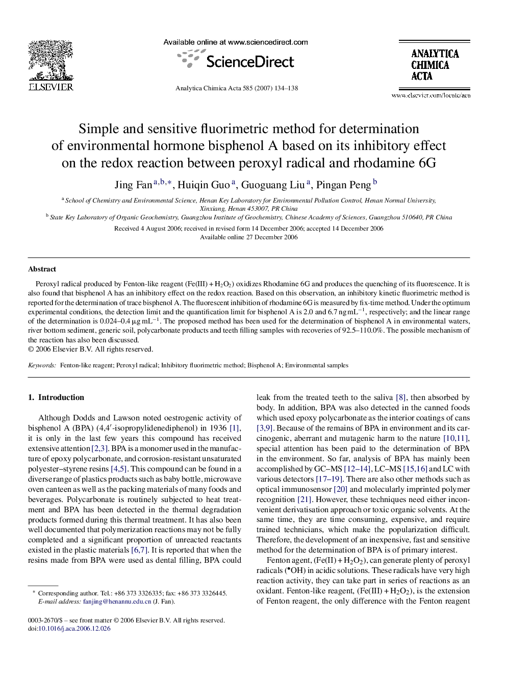 Simple and sensitive fluorimetric method for determination of environmental hormone bisphenol A based on its inhibitory effect on the redox reaction between peroxyl radical and rhodamine 6G