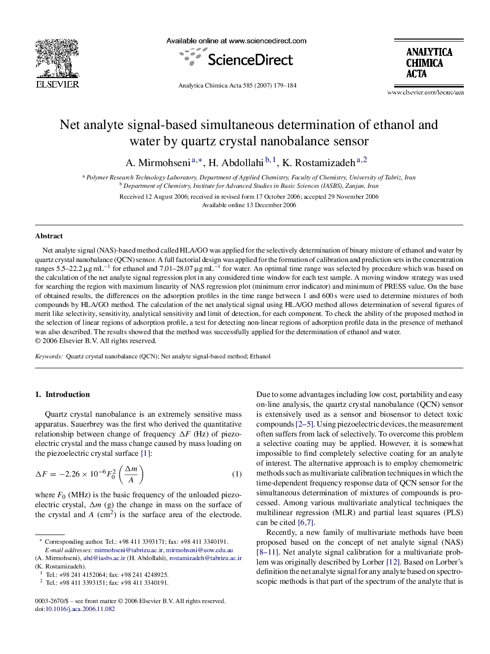 Net analyte signal-based simultaneous determination of ethanol and water by quartz crystal nanobalance sensor