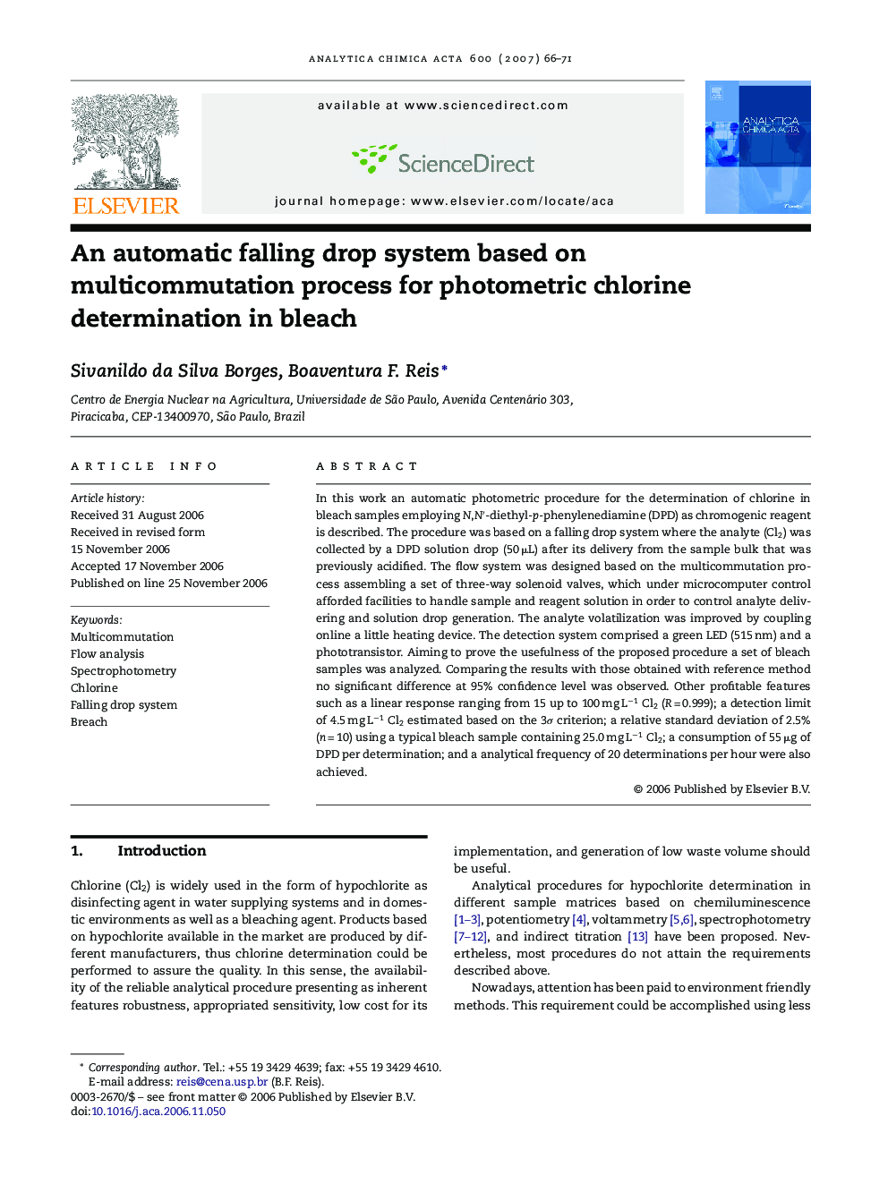 An automatic falling drop system based on multicommutation process for photometric chlorine determination in bleach