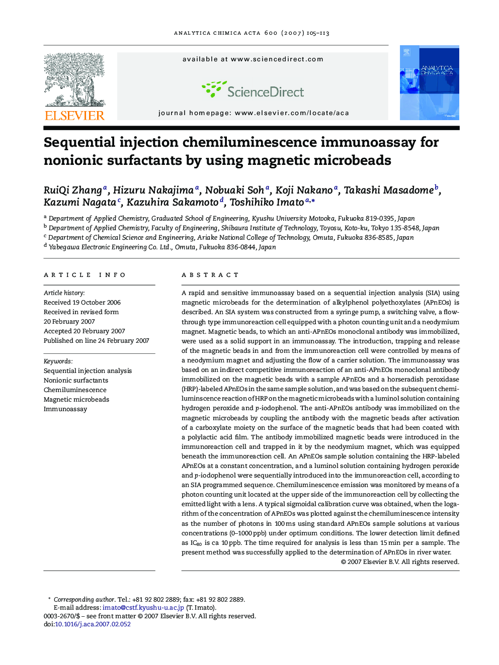 Sequential injection chemiluminescence immunoassay for nonionic surfactants by using magnetic microbeads