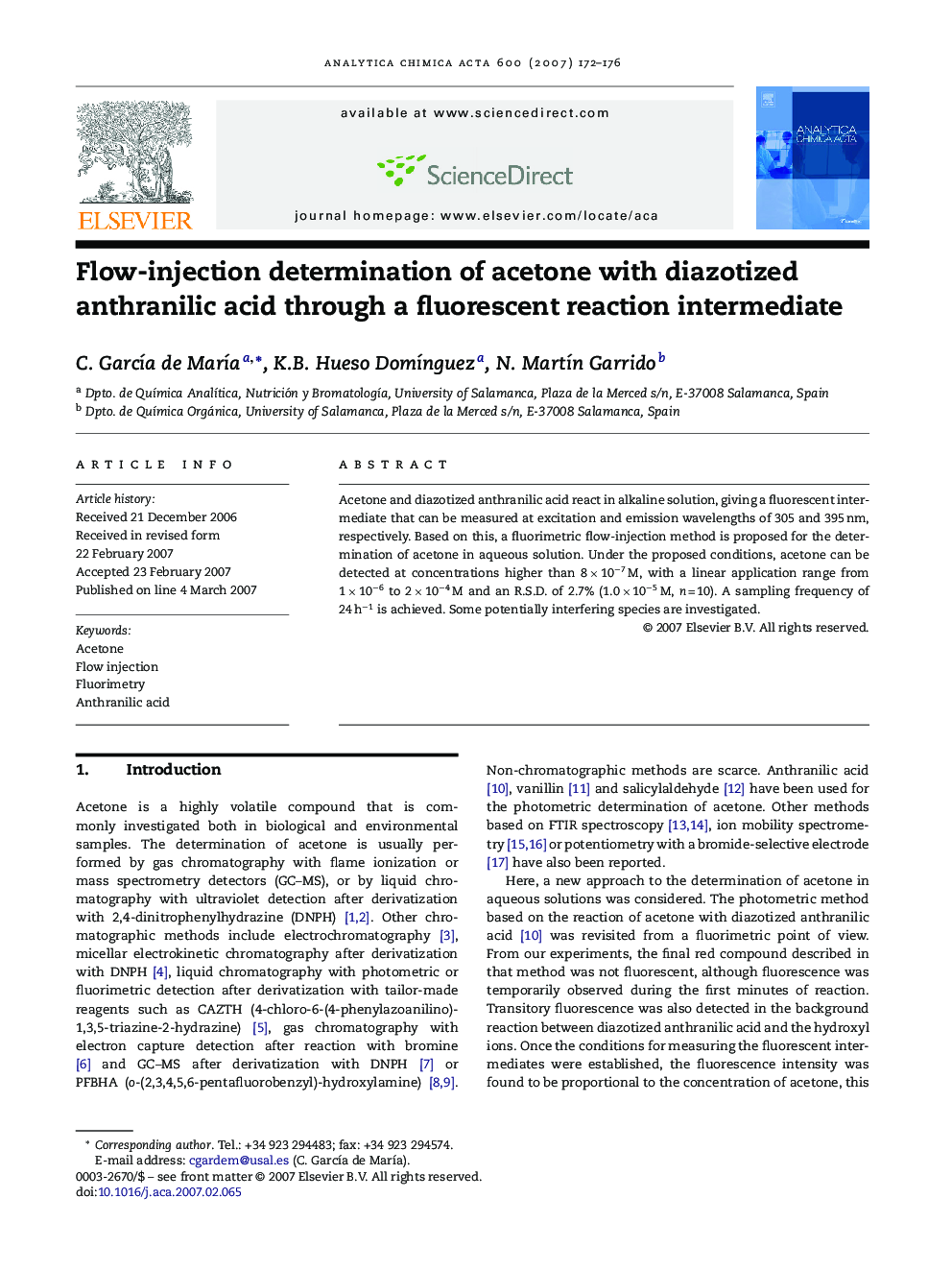 Flow-injection determination of acetone with diazotized anthranilic acid through a fluorescent reaction intermediate