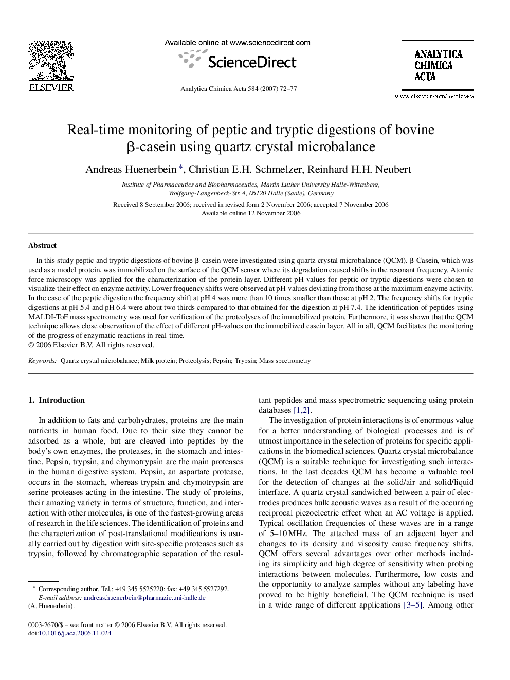 Real-time monitoring of peptic and tryptic digestions of bovine β-casein using quartz crystal microbalance