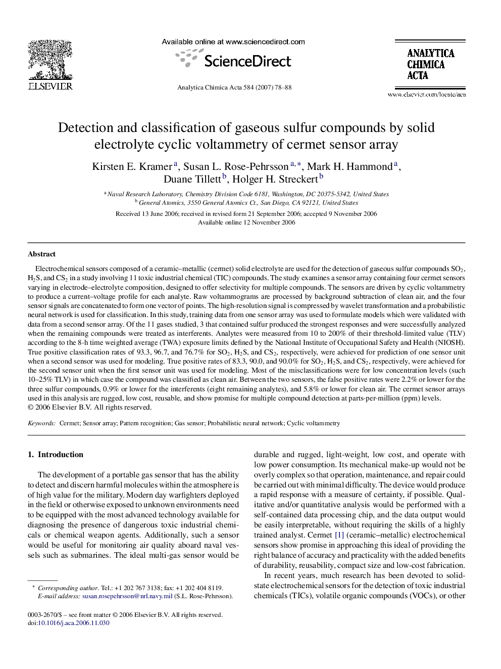 Detection and classification of gaseous sulfur compounds by solid electrolyte cyclic voltammetry of cermet sensor array