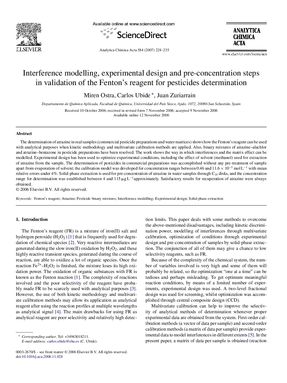 Interference modelling, experimental design and pre-concentration steps in validation of the Fenton's reagent for pesticides determination