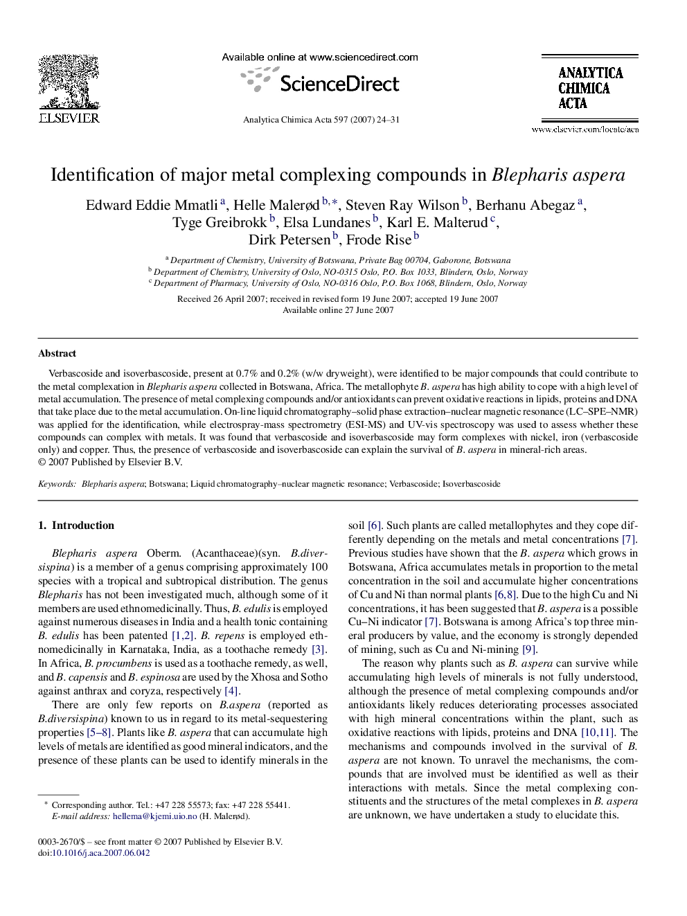 Identification of major metal complexing compounds in Blepharis aspera