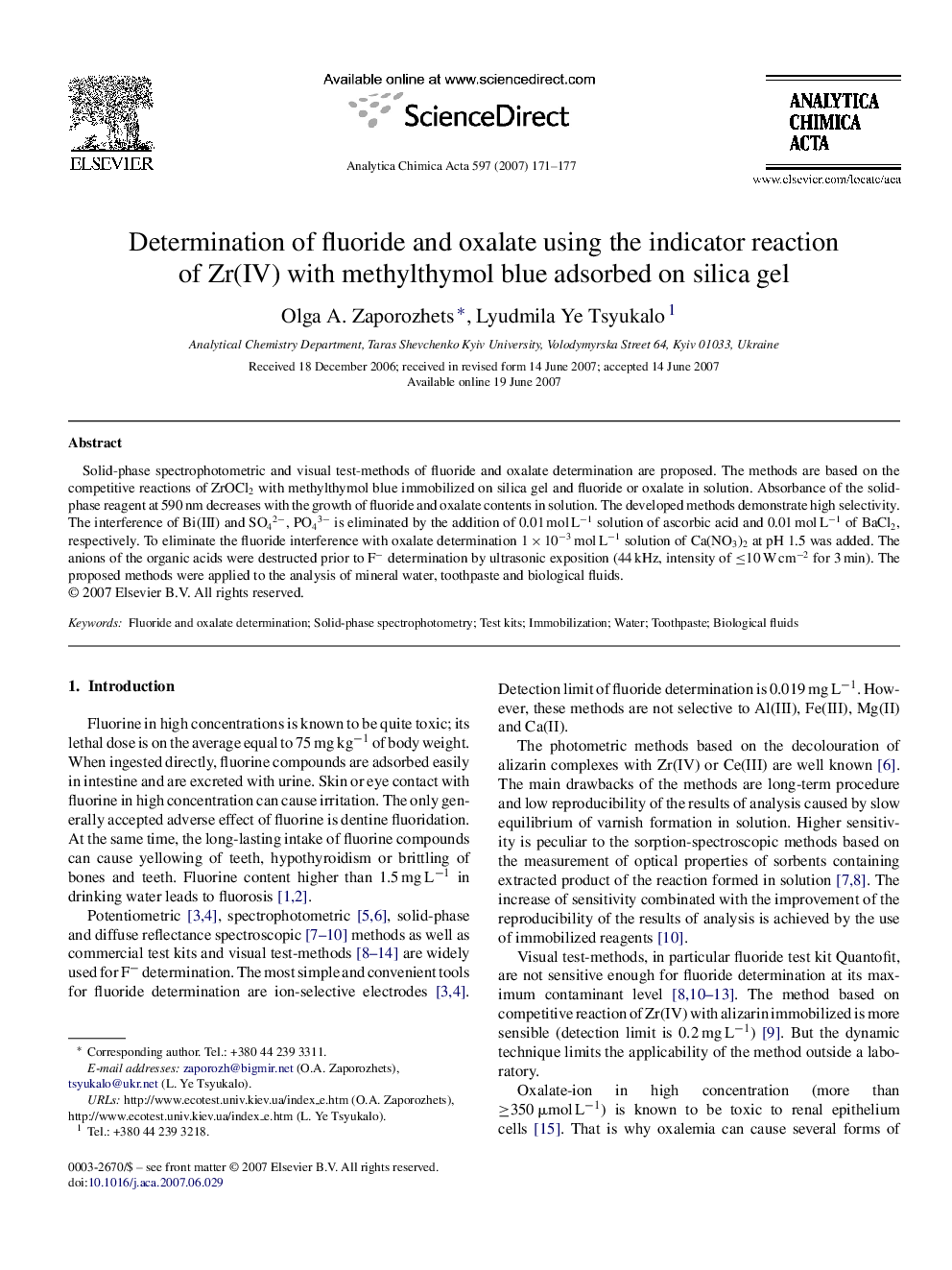 Determination of fluoride and oxalate using the indicator reaction of Zr(IV) with methylthymol blue adsorbed on silica gel